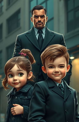 A handsome and charismatic mafia figure stands confidently behind a pair of twin children, a girl and a boy