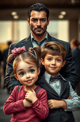 A handsome and charismatic mafia figure stands confidently behind a pair of twin children, a girl and a boy
