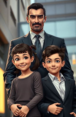 A handsome and charismatic mafia figure stands confidently behind a pair of twin children, a girl and a boy