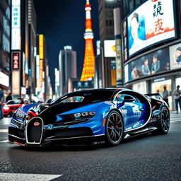 A breathtaking Bugatti Chiron Super Sport parked elegantly on a bustling Tokyo street at night