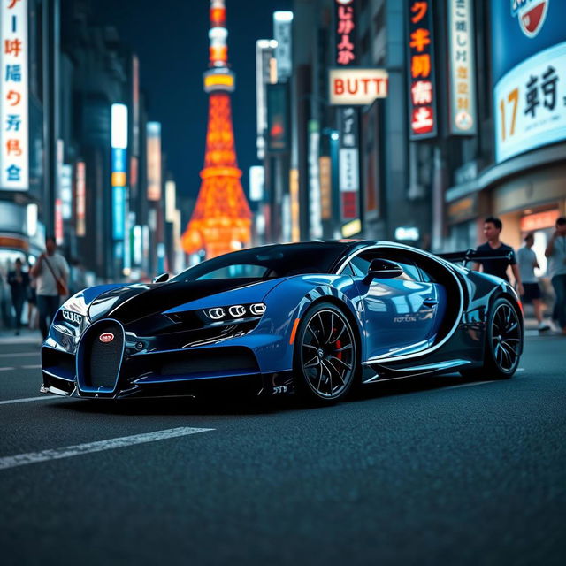 A breathtaking Bugatti Chiron Super Sport parked elegantly on a bustling Tokyo street at night