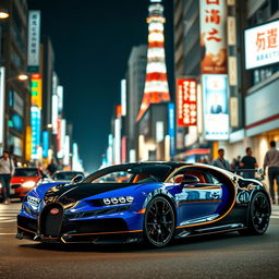 A breathtaking Bugatti Chiron Super Sport parked elegantly on a bustling Tokyo street at night