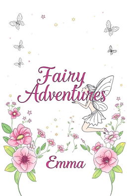 A whimsical and enchanting fairy-themed coloring book cover, featuring beautifully illustrated fairies with delicate wings, surrounded by blooming flowers and sparkling stars