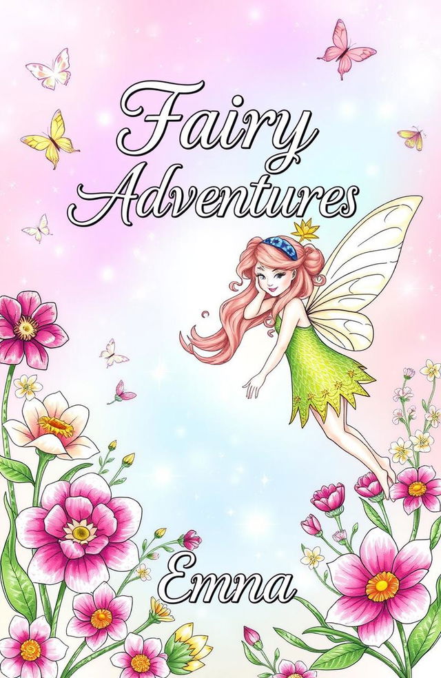 A whimsical and enchanting fairy-themed coloring book cover, featuring beautifully illustrated fairies with delicate wings, surrounded by blooming flowers and sparkling stars