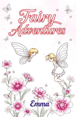 A whimsical and enchanting fairy-themed coloring book cover, featuring beautifully illustrated fairies with delicate wings, surrounded by blooming flowers and sparkling stars