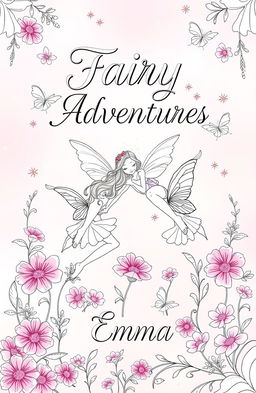 A whimsical and enchanting fairy-themed coloring book cover, featuring beautifully illustrated fairies with delicate wings, surrounded by blooming flowers and sparkling stars
