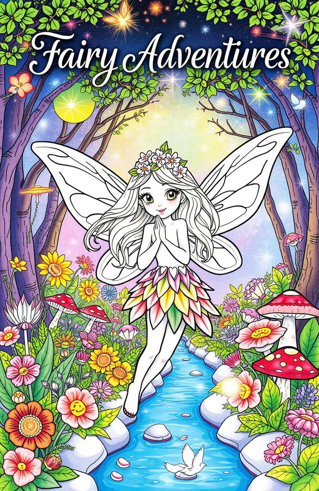 A beautifully illustrated page from a fairy-themed coloring book, featuring a whimsical fairy with delicate wings, surrounded by colorful flowers and magical creatures