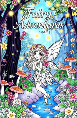 A beautifully illustrated page from a fairy-themed coloring book, featuring a whimsical fairy with delicate wings, surrounded by colorful flowers and magical creatures
