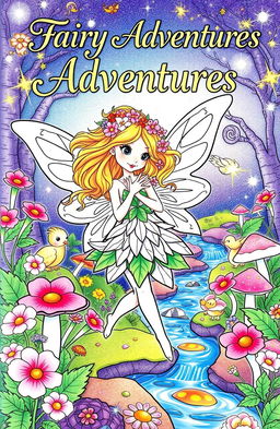 A beautifully illustrated page from a fairy-themed coloring book, featuring a whimsical fairy with delicate wings, surrounded by colorful flowers and magical creatures