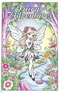 A beautifully illustrated page from a fairy-themed coloring book, featuring a whimsical fairy with delicate wings, surrounded by colorful flowers and magical creatures