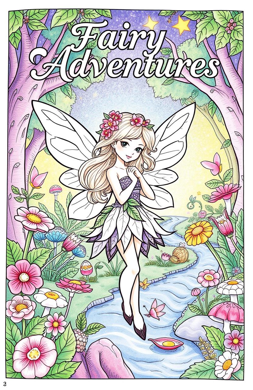 A beautifully illustrated page from a fairy-themed coloring book, featuring a whimsical fairy with delicate wings, surrounded by colorful flowers and magical creatures