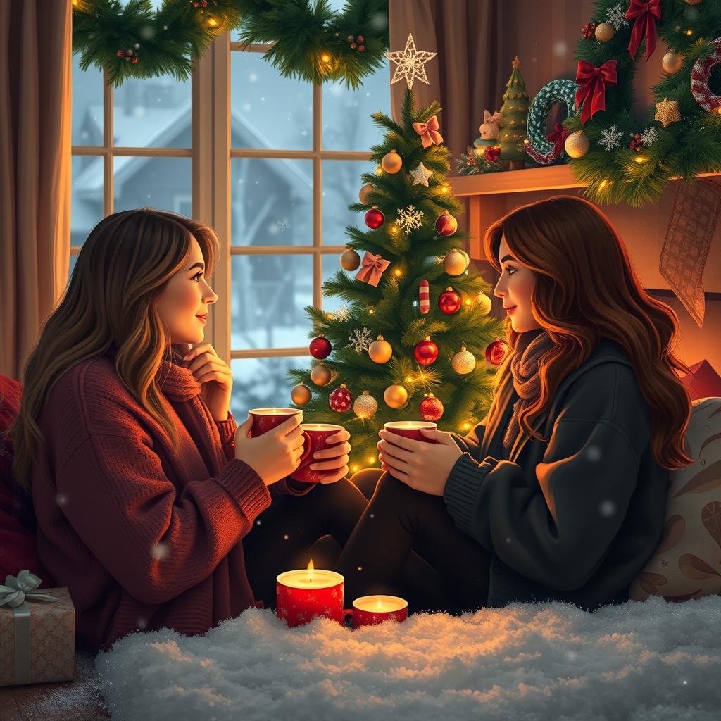 Michelle and Chloe, two close friends, sharing a heartfelt moment by a cozy fireplace decorated for Christmas