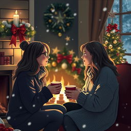 Michelle and Chloe, two close friends, sharing a heartfelt moment by a cozy fireplace decorated for Christmas