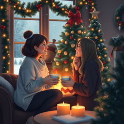 Michelle and Chloe, two close friends, sharing a heartfelt moment by a cozy fireplace decorated for Christmas