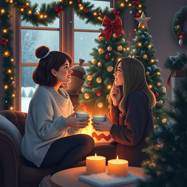 Michelle and Chloe, two close friends, sharing a heartfelt moment by a cozy fireplace decorated for Christmas