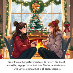 Michelle and Chloe, two close friends, sharing a heartfelt moment by a cozy fireplace decorated for Christmas
