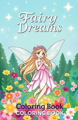 A beautifully illustrated fairy coloring book cover featuring a whimsical fairy with delicate wings, surrounded by a magical forest filled with colorful flowers and sparkling stars