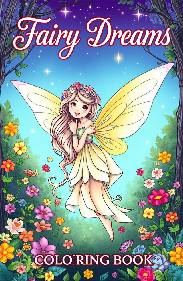 A beautifully illustrated fairy coloring book cover featuring a whimsical fairy with delicate wings, surrounded by a magical forest filled with colorful flowers and sparkling stars