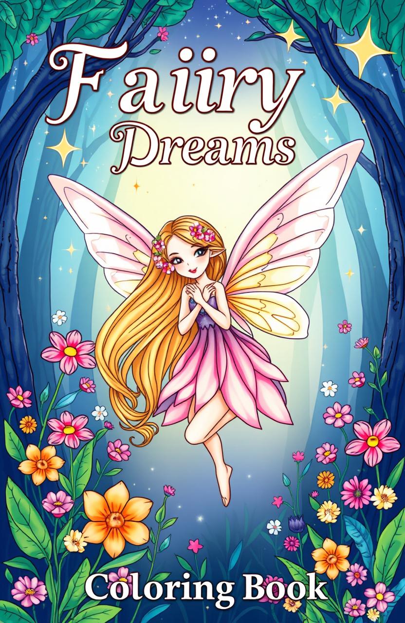 A beautifully illustrated fairy coloring book cover featuring a whimsical fairy with delicate wings, surrounded by a magical forest filled with colorful flowers and sparkling stars