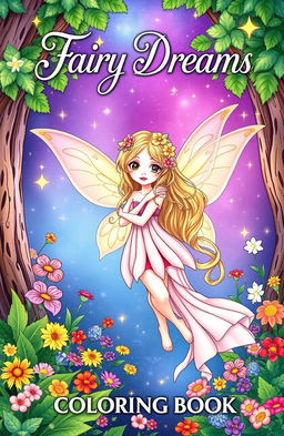 A beautifully illustrated fairy coloring book cover featuring a whimsical fairy with delicate wings, surrounded by a magical forest filled with colorful flowers and sparkling stars