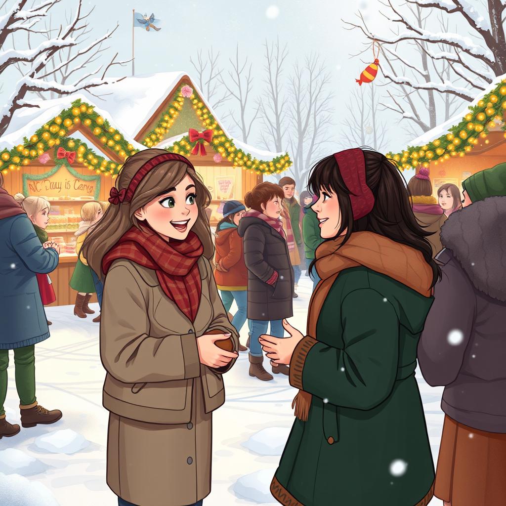 Michelle and Chloe, two friends in a snowy winter landscape, gather with a diverse group of townsfolk, celebrating a vibrant and inclusive Christmas festival