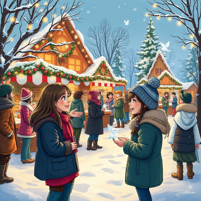 Michelle and Chloe, two friends in a snowy winter landscape, gather with a diverse group of townsfolk, celebrating a vibrant and inclusive Christmas festival