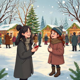 Michelle and Chloe, two friends in a snowy winter landscape, gather with a diverse group of townsfolk, celebrating a vibrant and inclusive Christmas festival