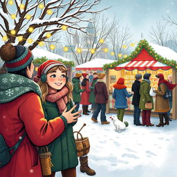Michelle and Chloe, two friends in a snowy winter landscape, gather with a diverse group of townsfolk, celebrating a vibrant and inclusive Christmas festival