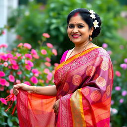 A portrait of an elegant Indian aunty wearing a traditional saree, showcasing intricate patterns and vibrant colors