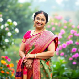 A portrait of an elegant Indian aunty wearing a traditional saree, showcasing intricate patterns and vibrant colors