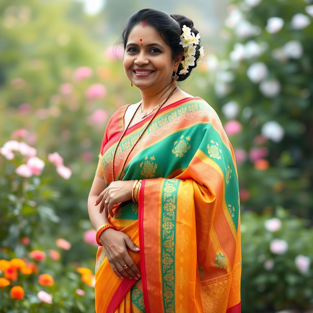 A portrait of an elegant Indian aunty wearing a traditional saree, showcasing intricate patterns and vibrant colors