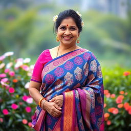 A portrait of an elegant Indian aunty wearing a traditional saree, showcasing intricate patterns and vibrant colors