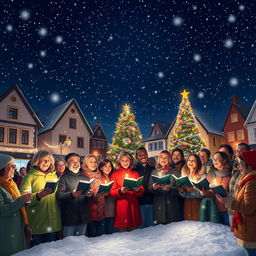 A joyful scene of a diverse group of townspeople gathered in a picturesque square, singing Christmas carols under a brilliantly illuminated Christmas tree