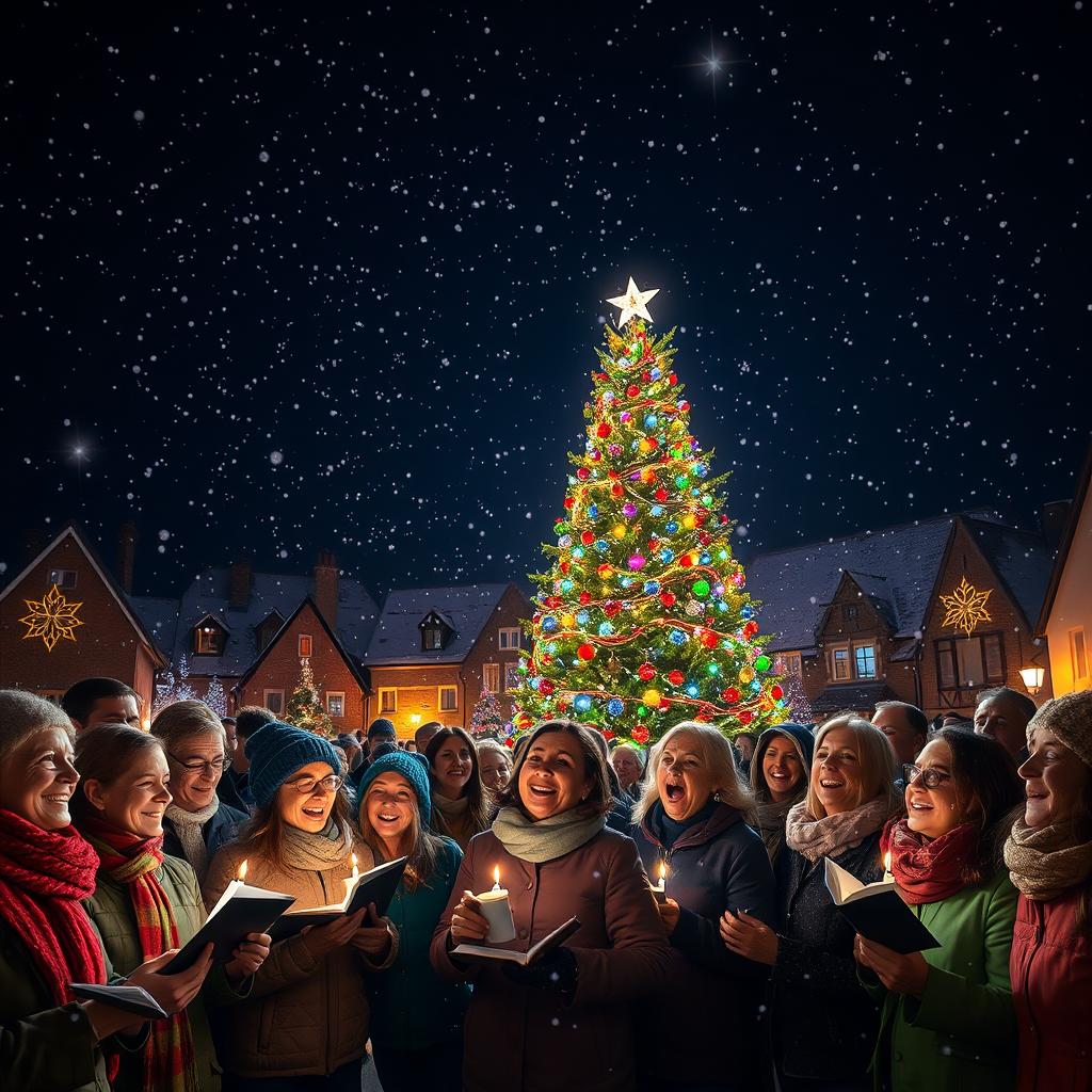 A joyful scene of a diverse group of townspeople gathered in a picturesque square, singing Christmas carols under a brilliantly illuminated Christmas tree
