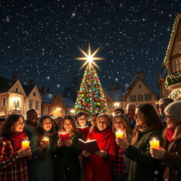 A joyful scene of a diverse group of townspeople gathered in a picturesque square, singing Christmas carols under a brilliantly illuminated Christmas tree