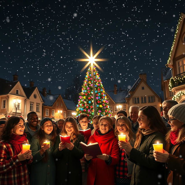 A joyful scene of a diverse group of townspeople gathered in a picturesque square, singing Christmas carols under a brilliantly illuminated Christmas tree