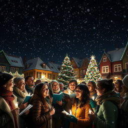 A joyful scene of a diverse group of townspeople gathered in a picturesque square, singing Christmas carols under a brilliantly illuminated Christmas tree