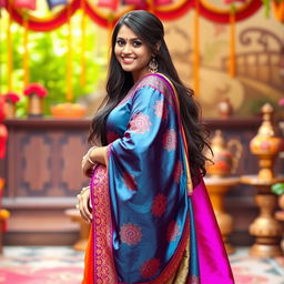 A beautiful Indian woman wearing a vibrant silk saree with intricate embroidery, showcasing her curvy figure