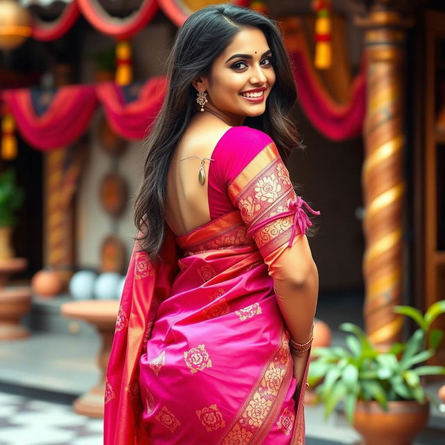 A beautiful Indian woman wearing a vibrant silk saree with intricate embroidery, showcasing her curvy figure