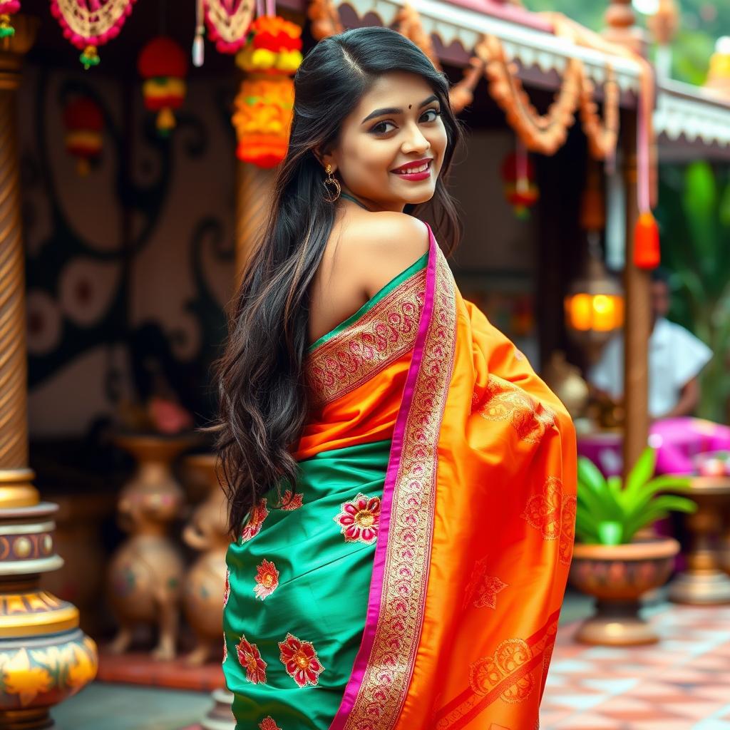 A beautiful Indian woman wearing a vibrant silk saree with intricate embroidery, showcasing her curvy figure