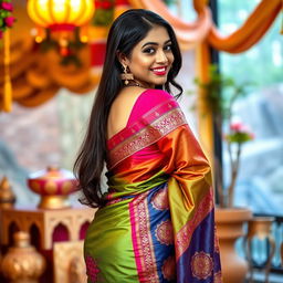 A beautiful Indian woman wearing a vibrant silk saree with intricate embroidery, showcasing her curvy figure
