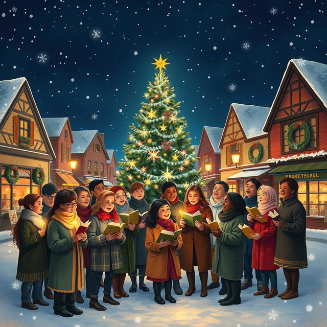 A heartwarming scene depicting a diverse group of people joyfully singing Christmas carols together in a charming town square, illuminated by a grand Christmas tree adorned with bright lights