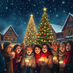A heartwarming scene depicting a diverse group of people joyfully singing Christmas carols together in a charming town square, illuminated by a grand Christmas tree adorned with bright lights