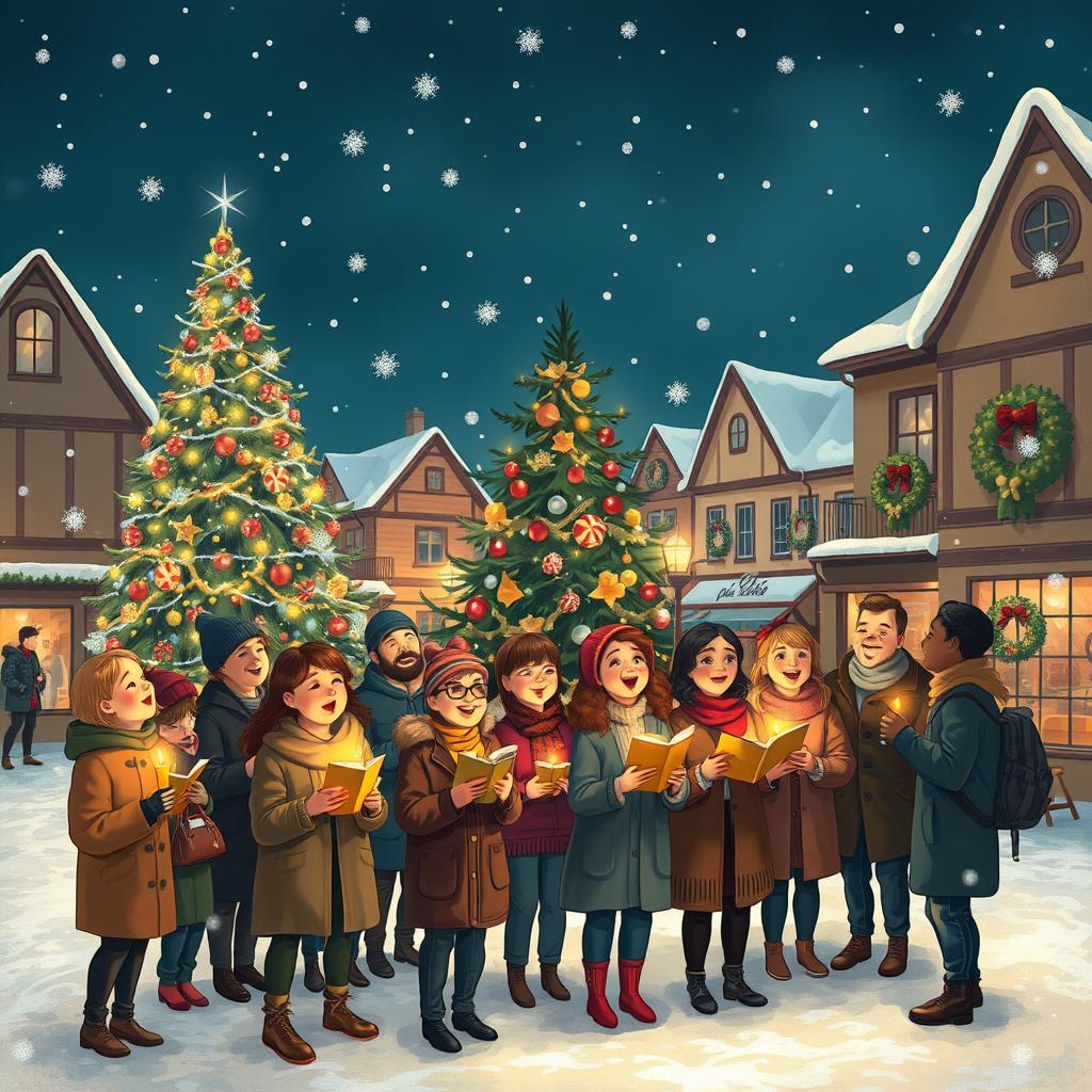A heartwarming scene depicting a diverse group of people joyfully singing Christmas carols together in a charming town square, illuminated by a grand Christmas tree adorned with bright lights