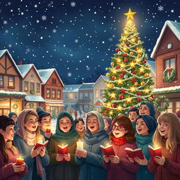 A heartwarming scene depicting a diverse group of people joyfully singing Christmas carols together in a charming town square, illuminated by a grand Christmas tree adorned with bright lights