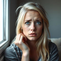 A very sad woman with light blonde hair and light blue eyes, sitting alone in a softly lit room