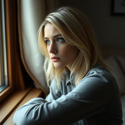 A very sad woman with light blonde hair and light blue eyes, sitting alone in a softly lit room