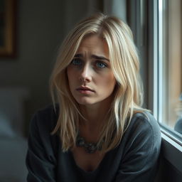 A very sad woman with light blonde hair and light blue eyes, sitting alone in a softly lit room