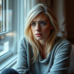 A very sad woman with light blonde hair and light blue eyes, sitting alone in a softly lit room