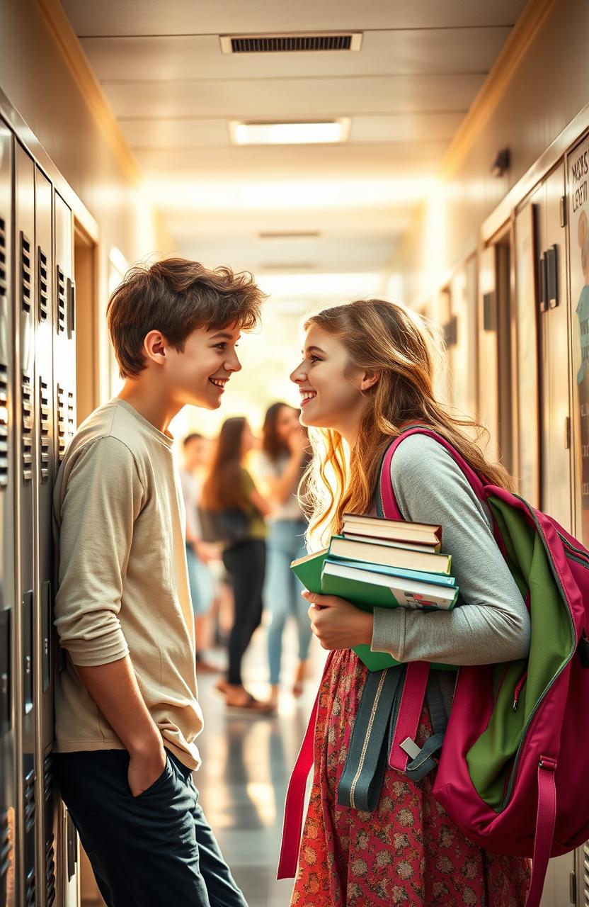 A heartwarming scene of a high school boy and girl falling in love, captured in a sunlit school hallway